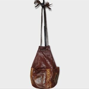 Vintage African Brown Leather Bucket Bag Drawstring Bag